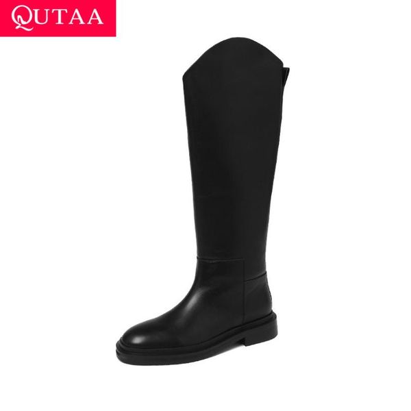 

boots qutaa 2022 knee high women cow leather fashion long autumn winter retro round toe slip on shoes size 34-40, Black