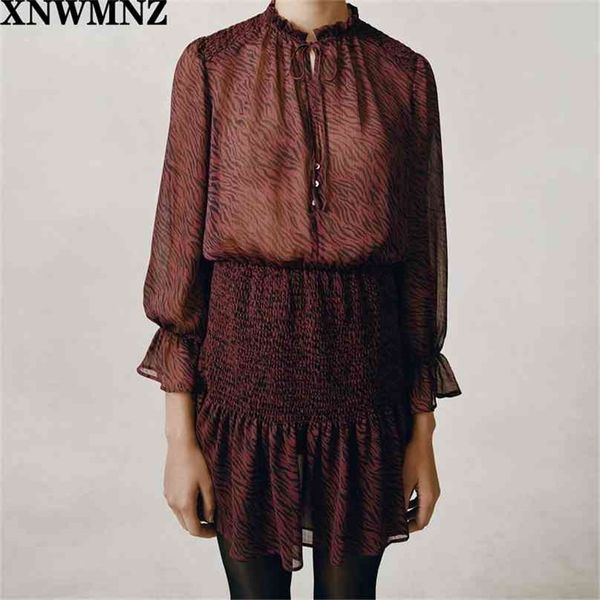 

women vintage animal print mini dress female casual ruffled round neckline tie v-neckline long sleeve lining dresses 210520, Black;gray