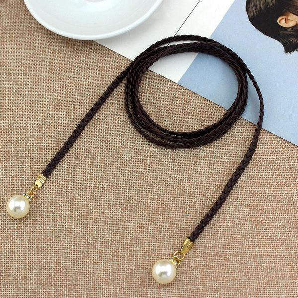 

belts women fashion knotted waist chain dress woven rope female decorative pearl belt hsj88, Black;brown
