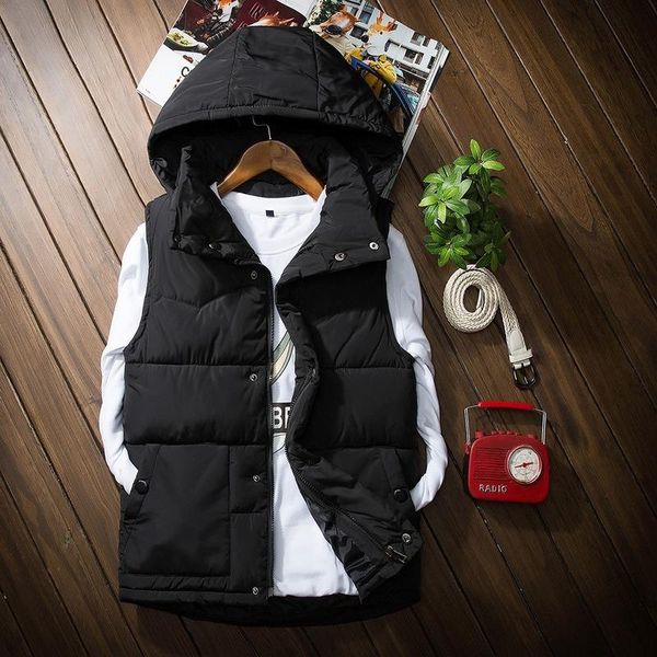 

men's vests korean men vest jacket sleeveless hooded coat autumn winter couple down cotton waistcoat solid color fashion top, Black;white