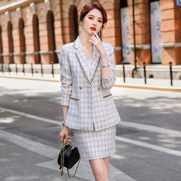 

two piece dress elegant thick skirt suits women girl casual black white plaid set female and long sleeve blazer with real pocket
