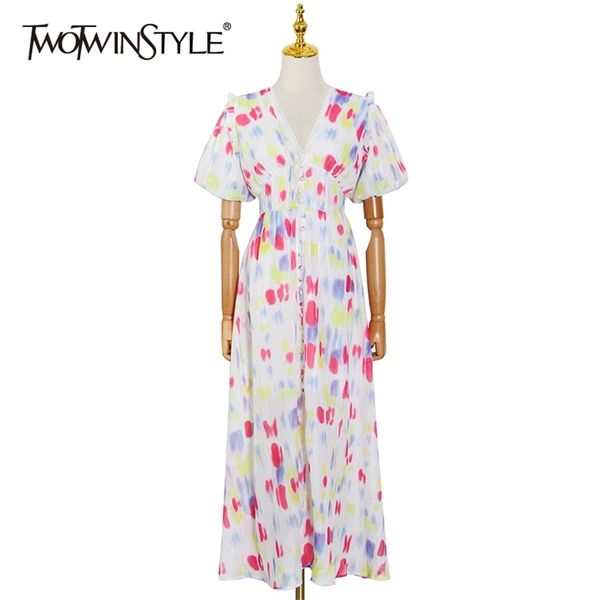 

print casual dress for women v neck puff short sleeve high waist single breasted hit color mid dresses females 210520, Black;gray
