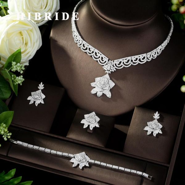 

earrings & necklace hibride luxury flower shape 4pcs nigeria cubic zircon jewelry sets for women wedding dubai white color bridal n-971, Silver