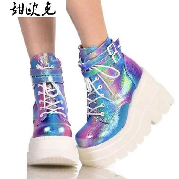 

boots fashion brand high platform women wedges ankle woman 2021 winter heels thicken botas mujer, Black