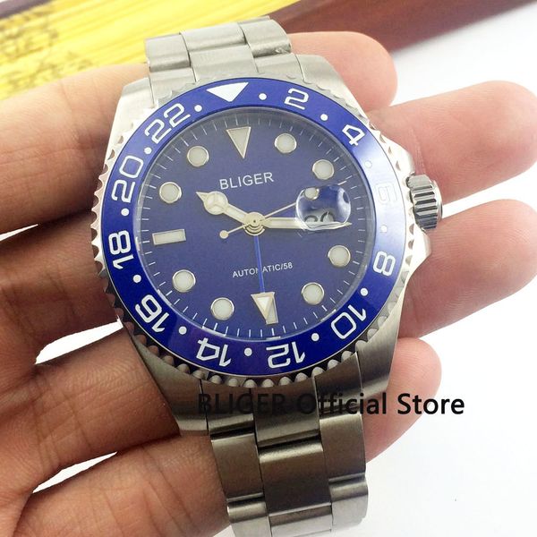 

sapphire crystal bliger 40mm blue dial ceramic rotating bezel luminous marks gmt pointer automatic clockwork clock, Slivery;brown