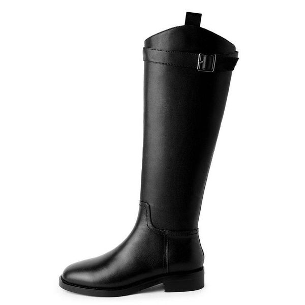 

boots low heels genuine leather women knee high fashion buckle round toe casual shoes woman autumn winter size 41 42, Black
