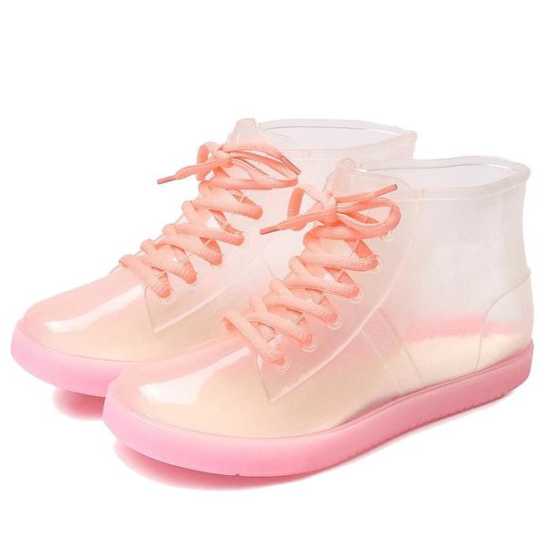 

boots ladies ankle rain waterproof non-slip transparent fashion colorful candy color plus cotton warm lace up women shoes, Black