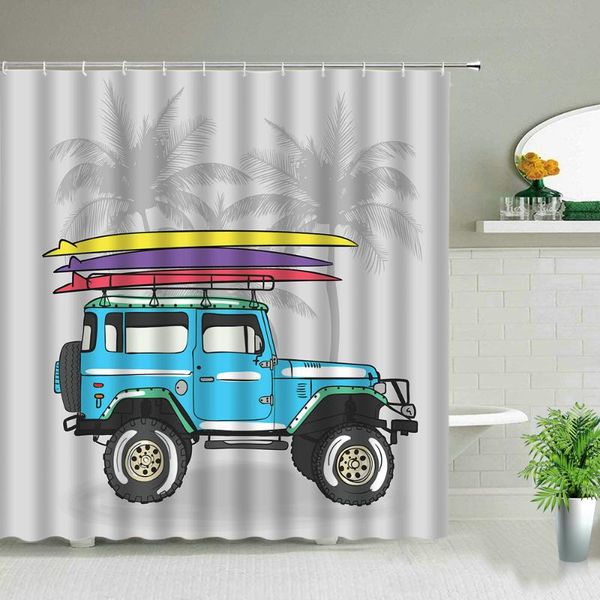 

shower curtains cartoon bus pattern travel summer warm art waterproof curtain bathroom renovation home decoration