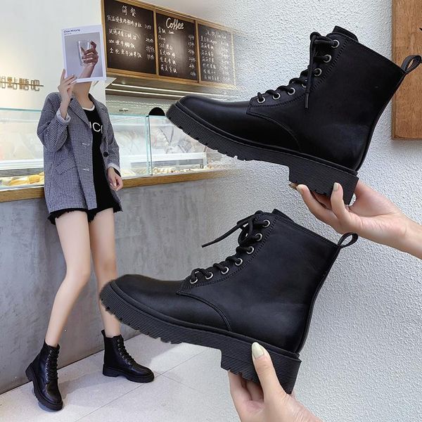 

boots autumn winter ankle women white black pu leather round toe lace up shoes woman fashion motorcycle platform botas plus size