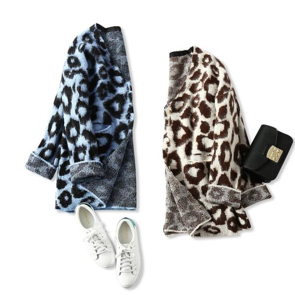 

women's sweaters retro leopard pattern mohair knitted cardigan women lazy loose v-neck long sleeve single breasted sweater 2021 autumn, White;black