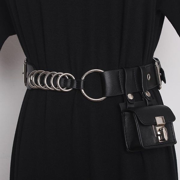 

belts women gothic style black belt autumn winter 2021 fashion runway designer pu metal patchwork punk waistband with ssmall bag, Black;brown