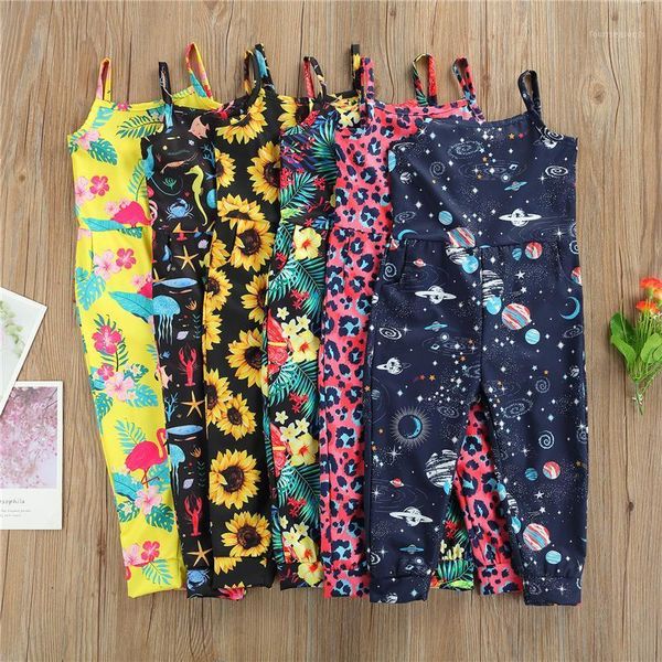

jumpsuits 2-6years little girls printed sleeveless cotton long romper,children summer casual cool o-neck high waist sling jumpsuit1, Blue