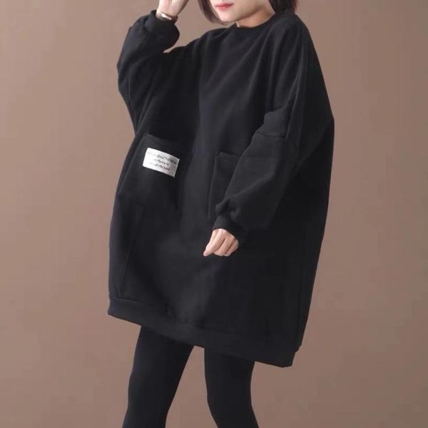 

women's hoodies & sweatshirts 2021 large size long women autumn winter retro all-match ladies casual pocket fleece loose, Black
