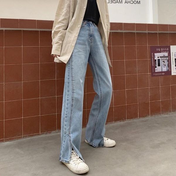 

women's jeans plus size split 2021 high-waisted wide-legged slim loose trousers, Blue