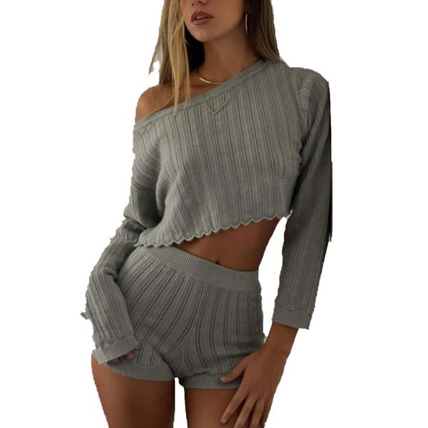 

women's tracksuits summer off shoulder long sleeves + shorts set leisure polyester 2021 solid color hollow out process is comfortable, Gray