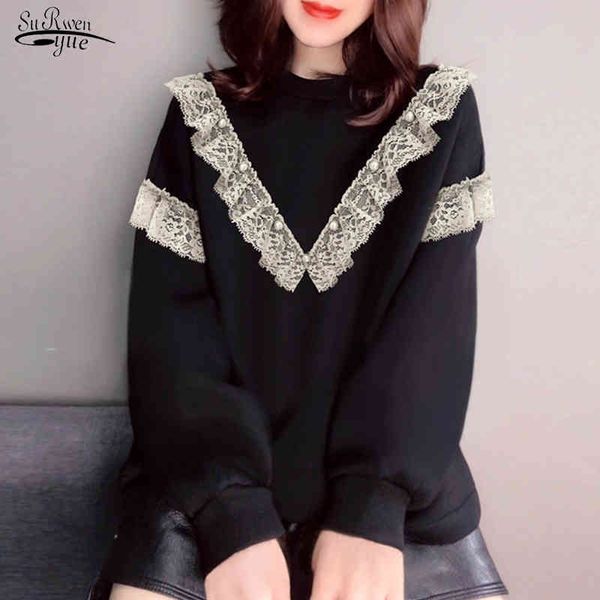

autumn winter plus size crewneck sweatshirt jacket solid lace vintage women loose pullover s coat 12468 210508, Black