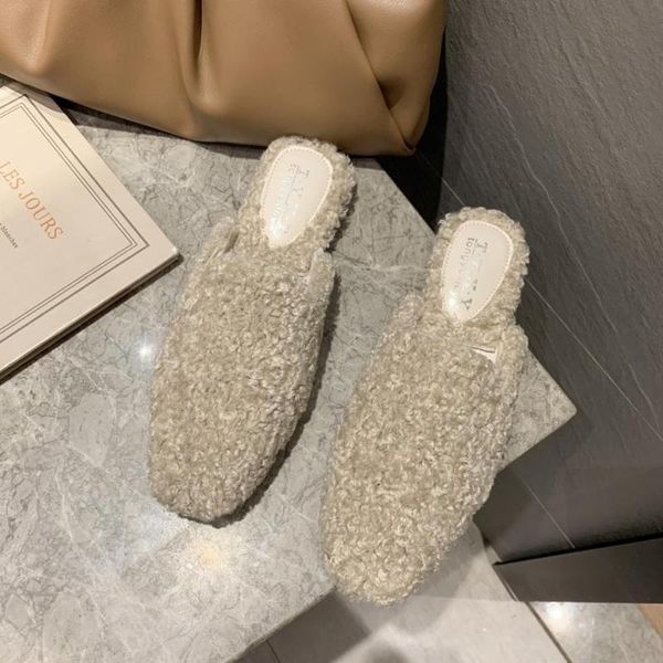 

fur slippers young girls cozy slip on mules loafer slides women all-match winter shoes zapatos mujer pointed toe, Black