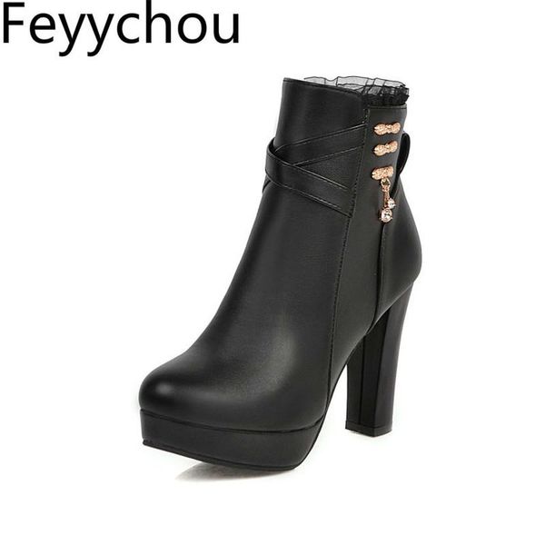 

boots women's autumn winter super high heel round toe zip metal decoration ankle platform 2021 fashion white, Black