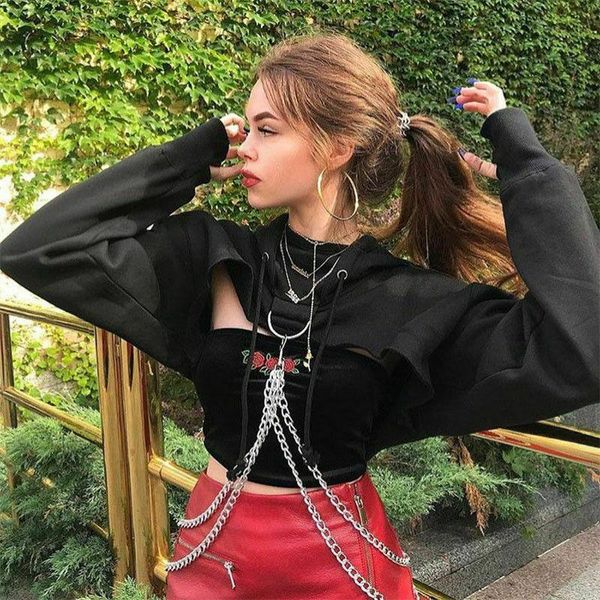 

women's hoodies & sweatshirts uk stock women pullover chain jumper sweatshirt girl gothic hoodie crop top, Black