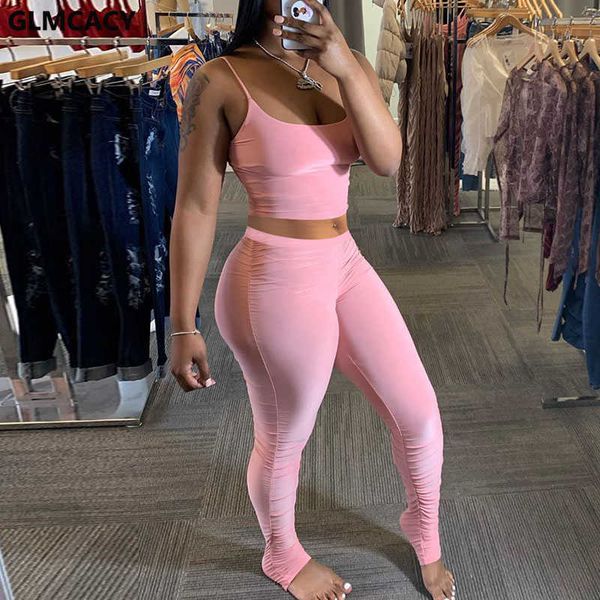 

women summer two piece fitness suits spaghetti strap crop and skinny pants set streetwear 210702, White