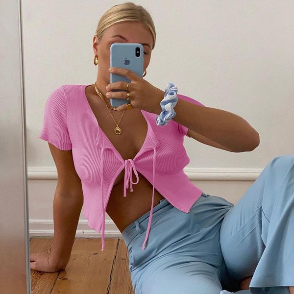 

autumn bandage slim knitted cardigans womens t shirts long sleeve solid crop ribbed split elastic summer, White