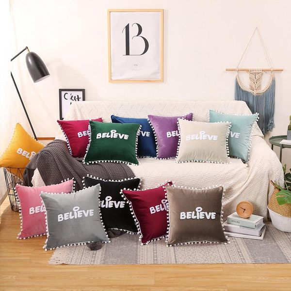 

cushion/decorative pillow 45x45cm english letter embroidery velvet sofa cushion cover with pompom ball throw case decor home office el