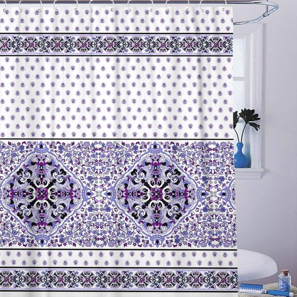 

boho mandala print shower curtain set, purple bohemian fabric shower curtains for bathroom decor, modern bathroom curtains