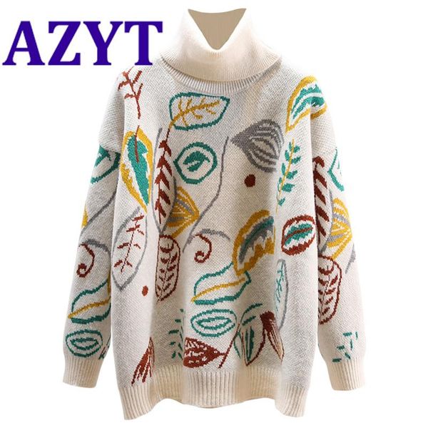

women's sweaters azyt winter warm women turtleneck sweater 2021 vintage loose fashion print jumpers chic soft knitwear pullovers for, White;black