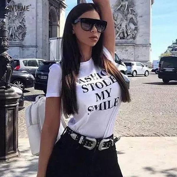 

women's t-shirt onseme est hipster streetwear basic t shirts fashion stole my smile letter printed shirt female harajuku tees, White