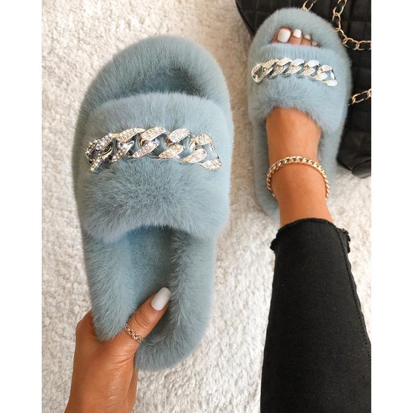 

fluffy flip flops furry fur slides diamond chain plush house slippers women fashion open toe faux indoor warm shoes, Black