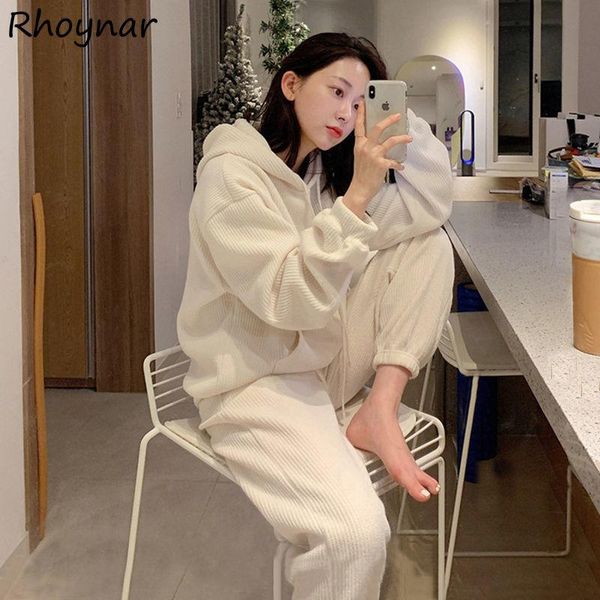 

women's two piece pants sets women stylish solid basic hooded teens drawstring lazy style korean version elegant simple est cozy tender, White