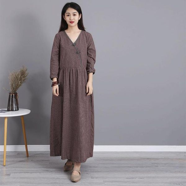 

johnature v-neck plaid pockets cotton linen pleated long dress autumn casual vintage long sleeve fashion women dresses 210521, Black;gray