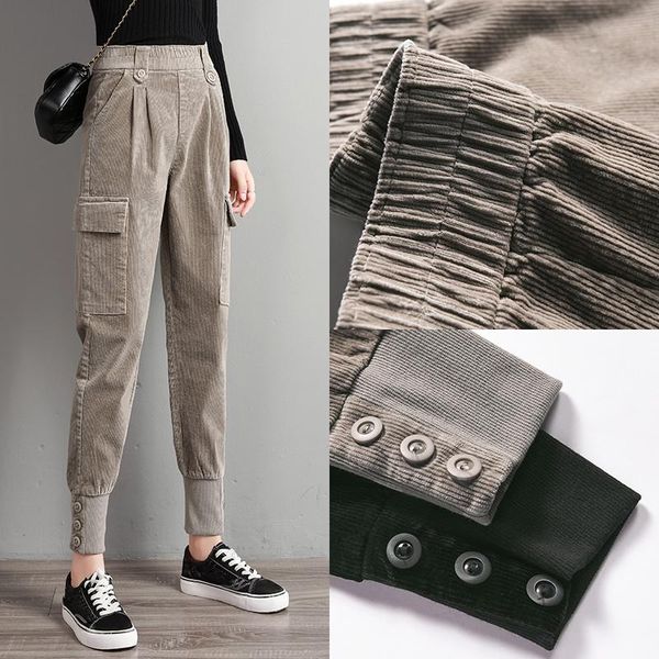

corduroy pants women autumn winter retro casual loose streetwear cargo female pockets ladies harlan trousers women's & capris, Black;white