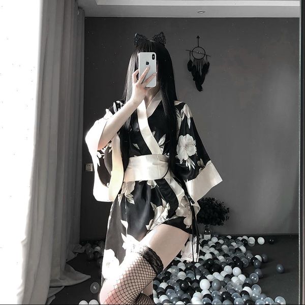 

sakura kimono lovely womens sleepwears japanese uniform robe floral bathrobe short night gown for women dress, Black;red
