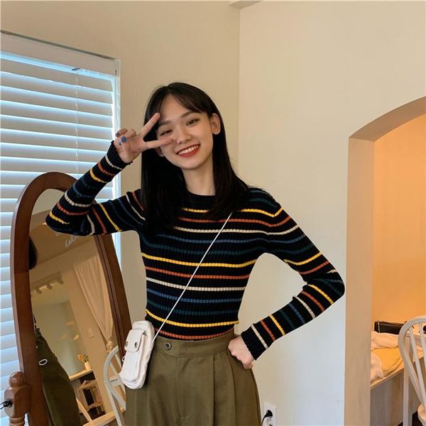 

women's sweaters woman rainbow stripes long-sleeved for women ies korean fall 2021 clothes jersey mujer lxr1136, White;black