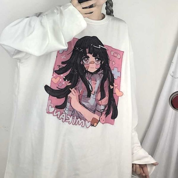 

cartoon printed goth tshirt preppy long sleeve autumn women korean style t-shirt punk tees 2020 new fashion t shrt y0621, White