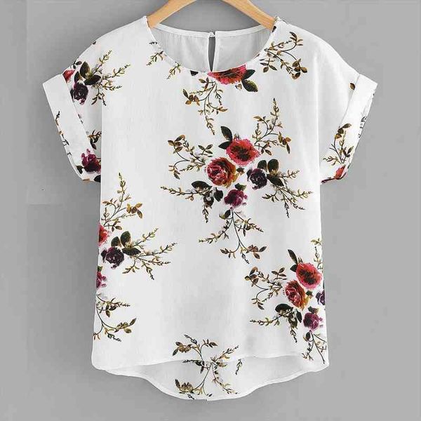 

summer fashion floral print pullover womens blouses o neck tee female short sleeve shirt blusas femininas clothing, White