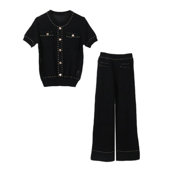

women o neck knitted short sleeve black white full length pants set button elastic t0208 210514