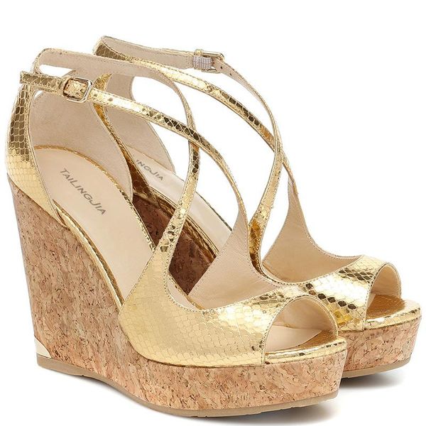 

sandals summer large size golden snake pattern patent leather waterproof platform fish mouth wedge high heel women, Black