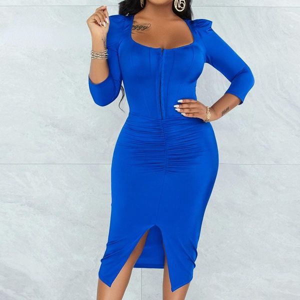 

casual dresses women's 2021 arrival solid color long-sleeved zipper front bow neck slit tight dress, Black;gray