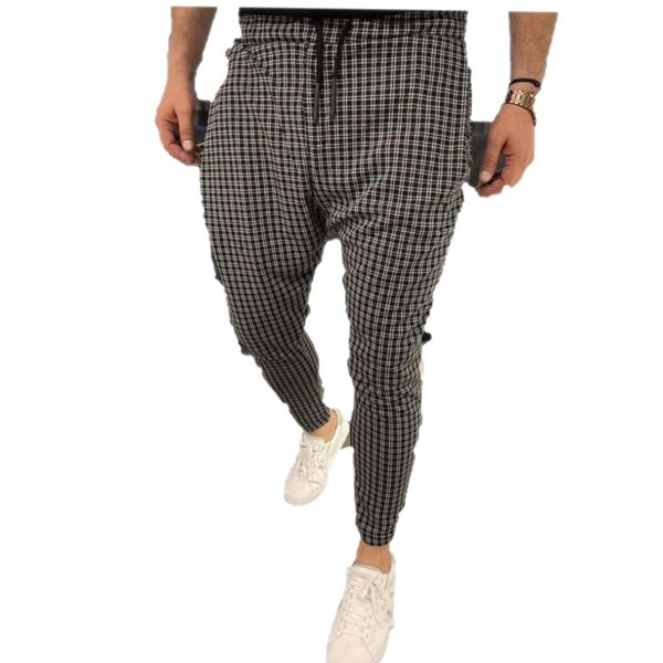 

men's pants small plaid lanyard small foot pencil trousers slim fit large elastic casual, Black