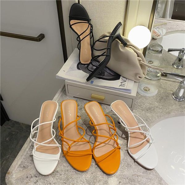 

slippers 2021 summer luxury women orange white heels slides mules designer candy color narrow band low high party shoes, Black