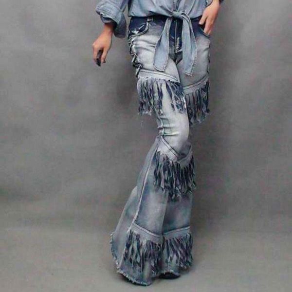

women's jeans fashion vintage chic bell bottoms denim female wide flared lace up tassel ladies long pants stretchy, Blue