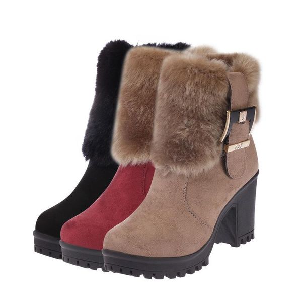 

boots women ankle winter warm fur high heels short fashion black square platform snow shoes booties