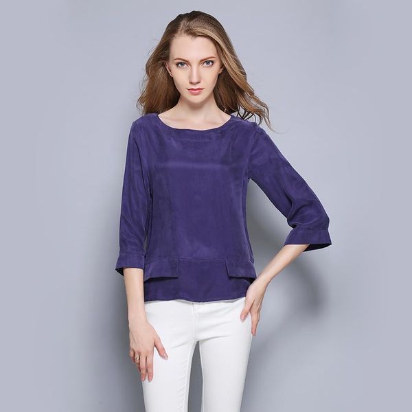 

women's blouses & shirts woman spring fall solid o-neck nine quarter sleeve 30% silk female summer thin breathable loose straight hedgi, White