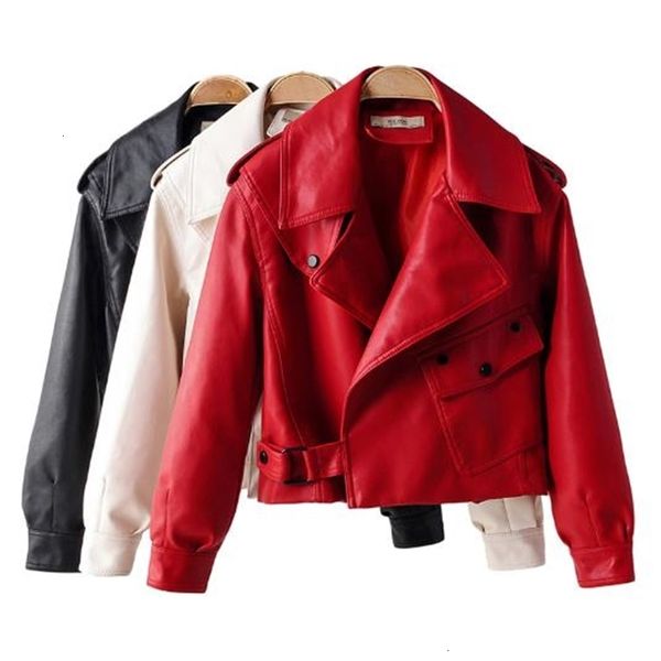 

women's jackets autumn excellent leather jacket women motorcycle biker red coat turndown collar loose streetwear black short ruxj, Black;brown