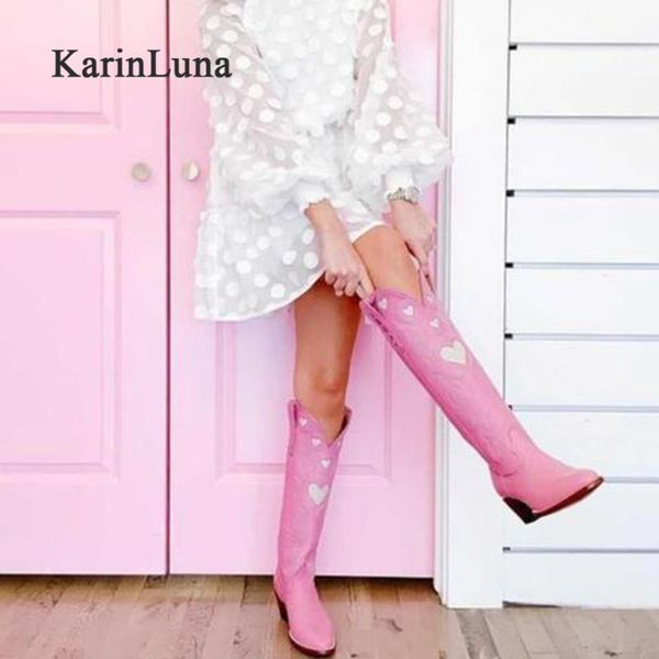 

boots brand design female western pointed toe slip-on heart-shaped 2021 fashion cowgirl comfy women knee high, Black