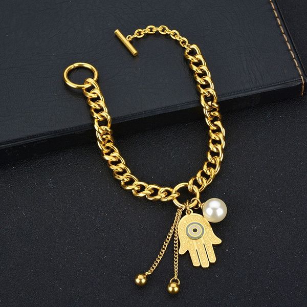 

europe and america fashion stainless steel chain bracelet fatima hand pearl charm bracelets bangle with ot toggle clasp, Black