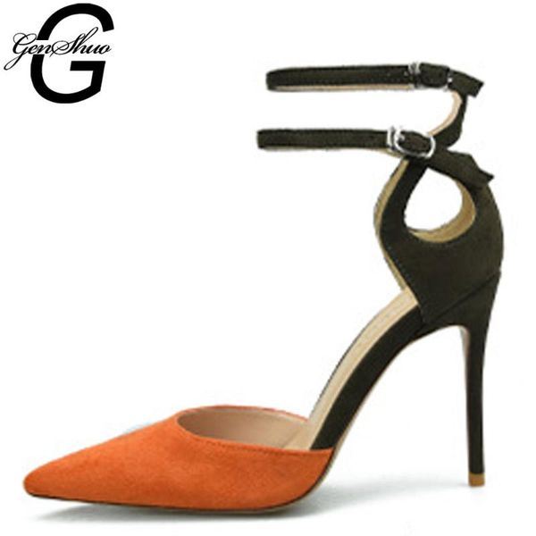 

dress shoes genshuo brand woman summer gladiator ankle strap cutouts sandals pointed toe two-pieces pumps sandalias, Black