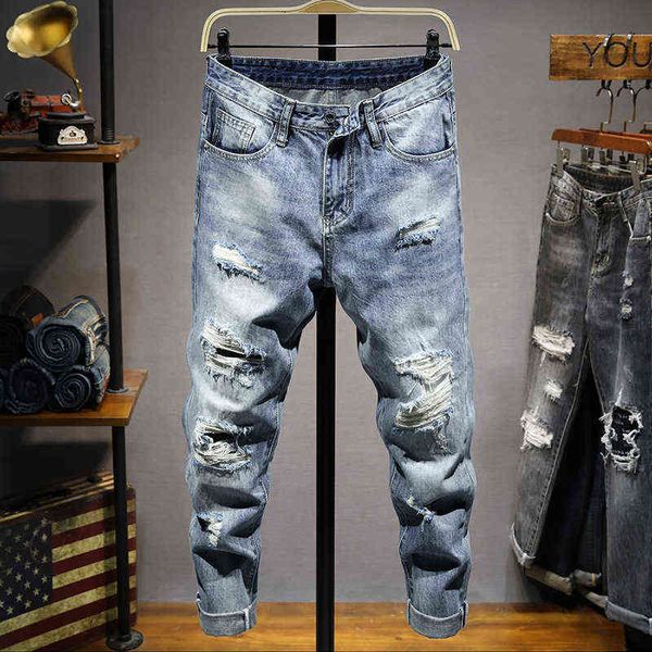 

men's jeans summer thin men's pierced jeans are thin, casual light color, white, korean fashion, slim fit, small feet and long pan, Blue